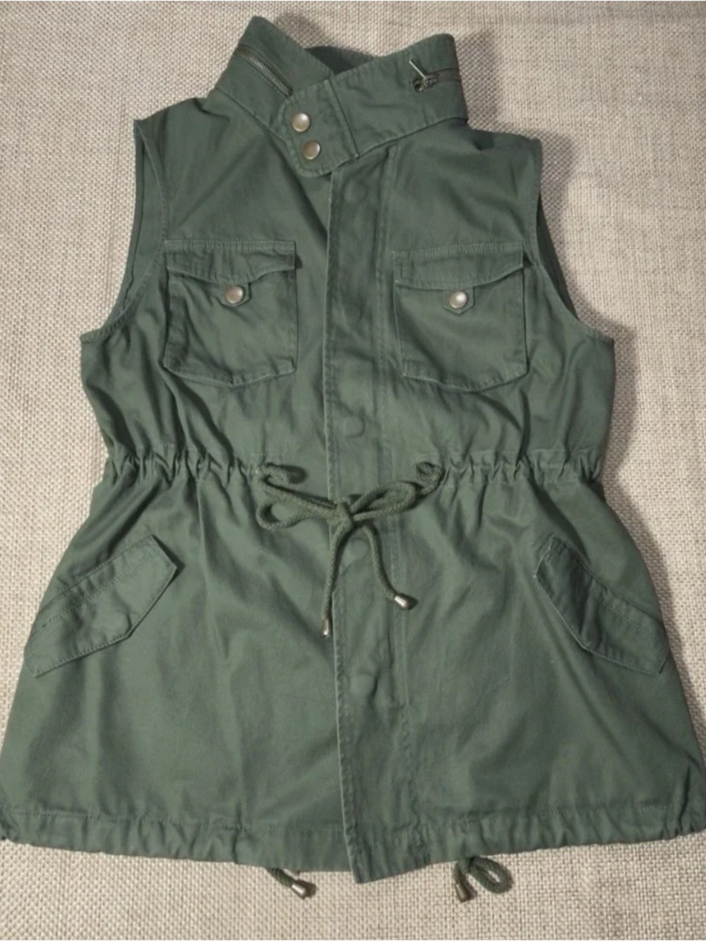 Pleione Cotton Twill Military Utility Vest in army green. XS